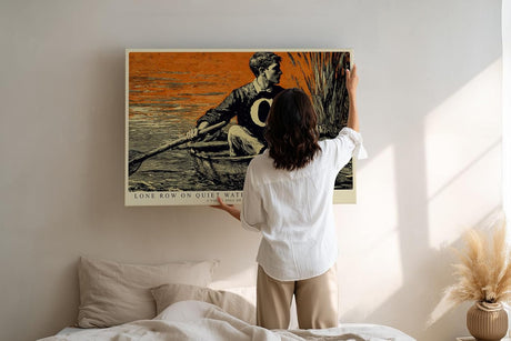 Paul Sinus Wandbild 120x80cm Mann im Boot auf Ruhigem Wasser Vintage Illustration Kunst in Schwarz Orange Wanddekoration