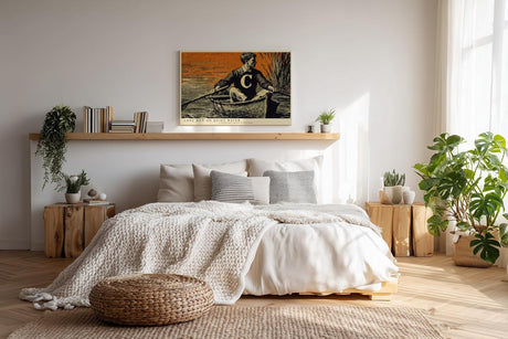 Paul Sinus Wandbild 120x80cm Mann im Boot auf Ruhigem Wasser Vintage Illustration Kunst in Schwarz Orange Wanddekoration