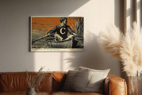Paul Sinus Wandbild 120x80cm Mann im Boot auf Ruhigem Wasser Vintage Illustration Kunst in Schwarz Orange Wanddekoration