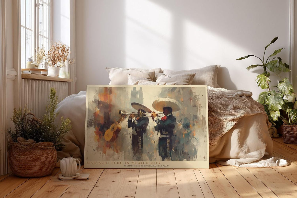 Paul Sinus Wandbild 120x80cm Mariachi Echo in Mexico City Musiker mit Trompeten Kunstvolle Stadt Szene im Malerischen Stil fuer Wohnzimmer und Büro