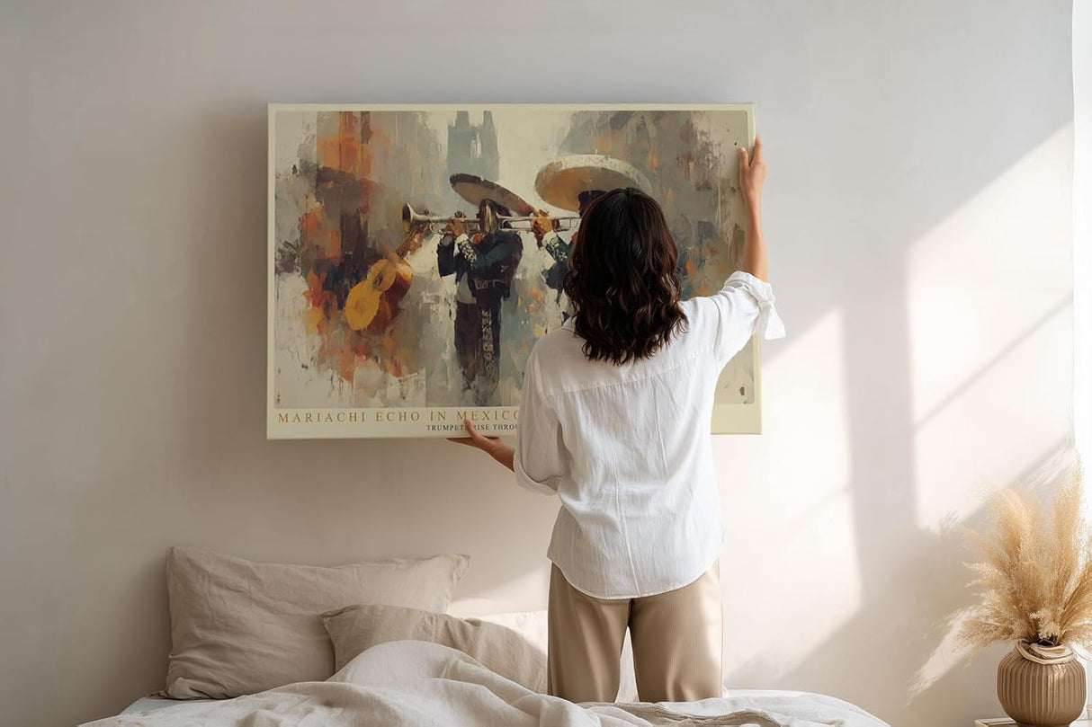 Paul Sinus Wandbild 120x80cm Mariachi Echo in Mexico City Musiker mit Trompeten Kunstvolle Stadt Szene im Malerischen Stil fuer Wohnzimmer und Büro