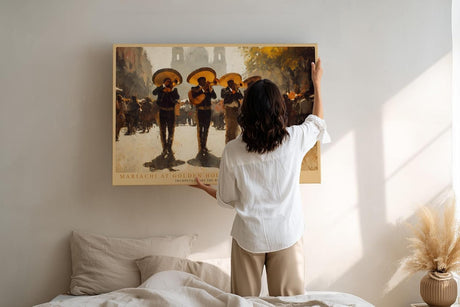 Paul Sinus Wandbild 120x80cm Mariachi Musiker auf der Plaza Lebendige Musikszene in warmen Gold und Brauntoenen