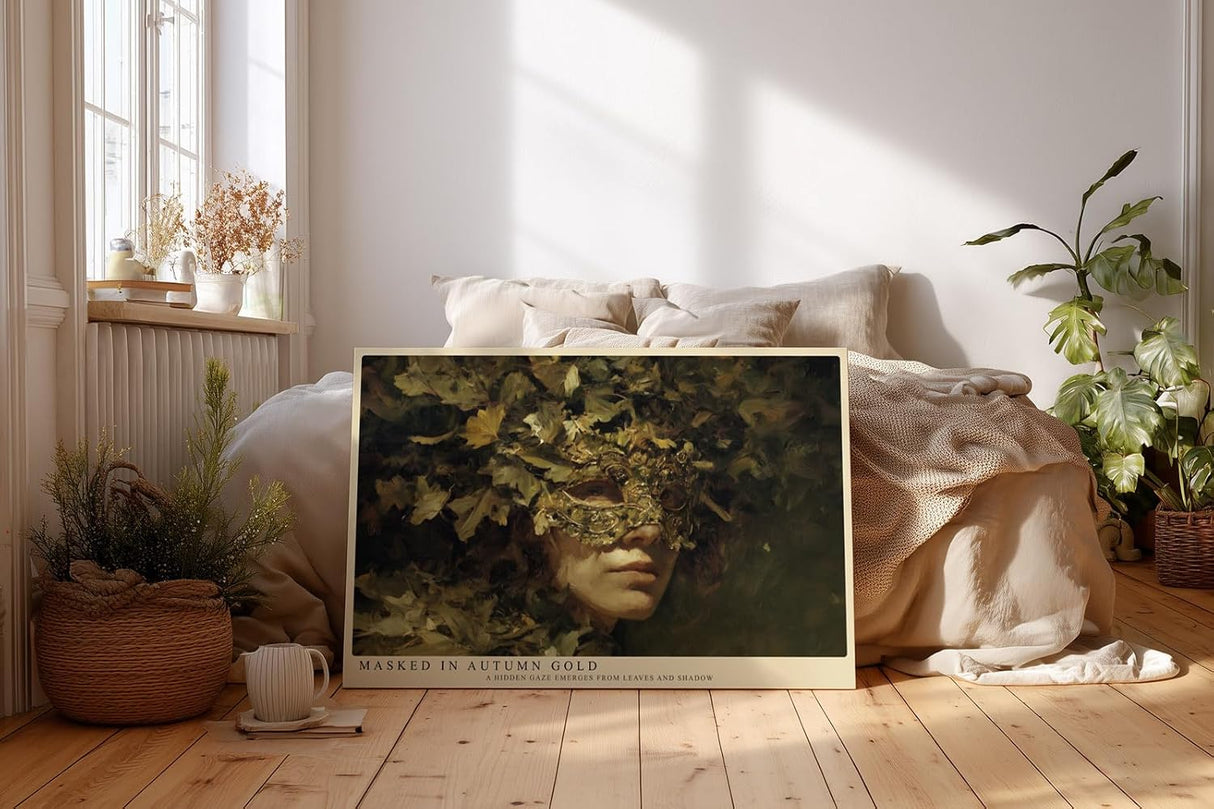 Paul Sinus Wandbild 120x80cm Maskenportrait Herbst Blaetter mystische Kunst Wanddekoration Wohnzimmer Schlafzimmer