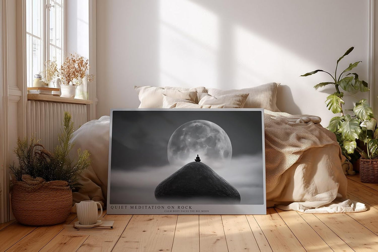 Paul Sinus Wandbild 120x80cm Meditation Mondlandschaft ruhige Silhouette großer Vollmond Zen Atmosphäre minimalistische spirituelle