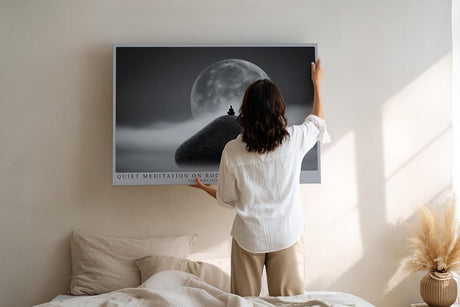 Paul Sinus Wandbild 120x80cm Meditation Mondlandschaft ruhige Silhouette großer Vollmond Zen Atmosphäre minimalistische spirituelle