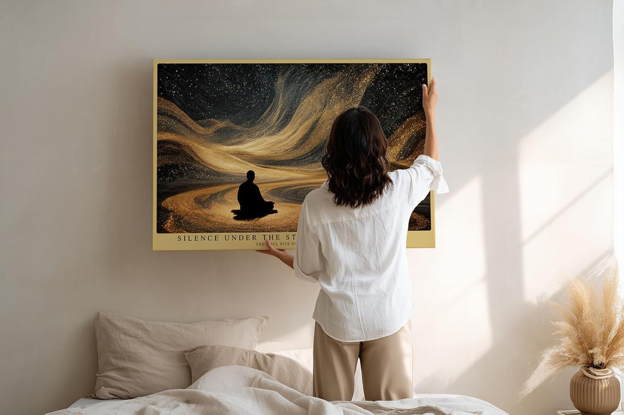 Paul Sinus Wandbild 120x80cm Meditation unter Sternenhimmel Abstrakte Goldene Galaxie Ruhige Spirituelle Kunst Wanddekoration
