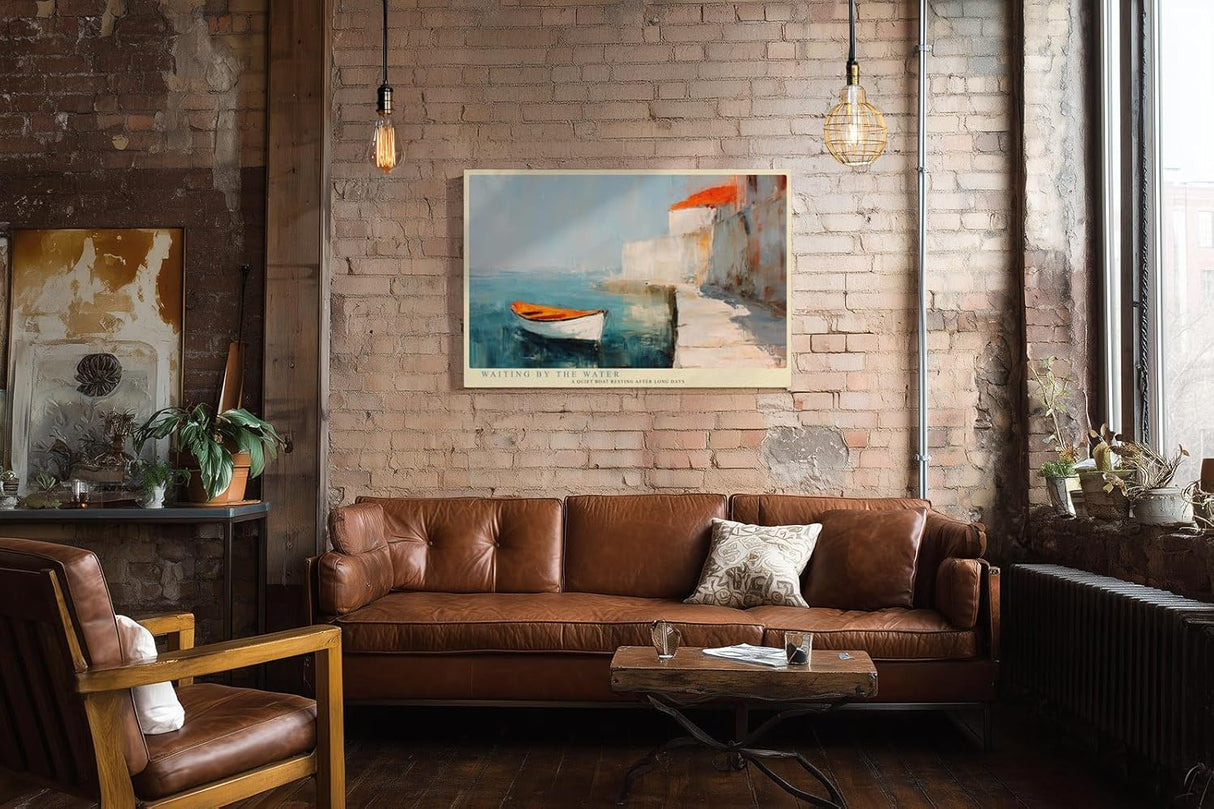 Paul Sinus Wandbild 120x80cm mediterrane Kueste Boot am Wasser impressionistische Landschaft Kunstbild blau orange moderne Wanddekoration fuer Wohnzimmer Büro