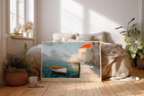 Paul Sinus Wandbild 120x80cm mediterrane Kueste Boot am Wasser impressionistische Landschaft Kunstbild blau orange moderne Wanddekoration fuer Wohnzimmer Büro
