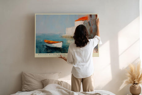 Paul Sinus Wandbild 120x80cm mediterrane Kueste Boot am Wasser impressionistische Landschaft Kunstbild blau orange moderne Wanddekoration fuer Wohnzimmer Büro