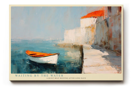 Paul Sinus Wandbild 120x80cm mediterrane Kueste Boot am Wasser impressionistische Landschaft Kunstbild blau orange moderne Wanddekoration fuer Wohnzimmer Büro