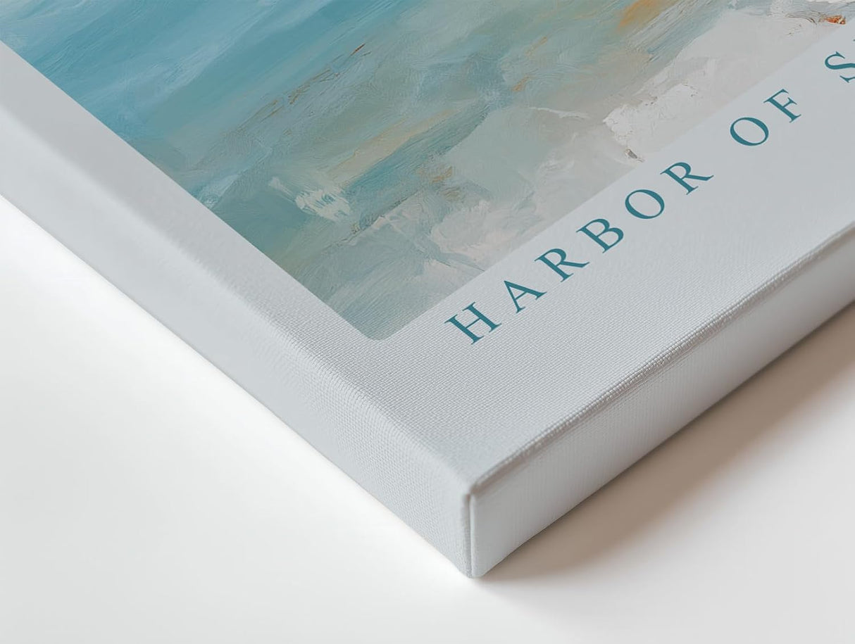 Paul Sinus Wandbild 120x80cm mediterranes Boot am Hafen impressionistische Kueste blau orange maritimes Kunstbild moderne Wanddekoration fuer Wohnzimmer Büro