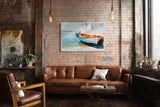 Paul Sinus Wandbild 120x80cm mediterranes Boot am Hafen impressionistische Kueste blau orange maritimes Kunstbild moderne Wanddekoration fuer Wohnzimmer Büro