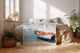 Paul Sinus Wandbild 120x80cm mediterranes Boot am Hafen impressionistische Kueste blau orange maritimes Kunstbild moderne Wanddekoration fuer Wohnzimmer Büro
