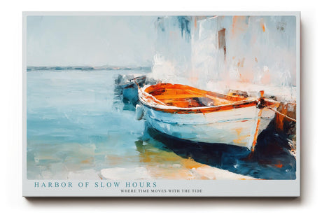 Paul Sinus Wandbild 120x80cm mediterranes Boot am Hafen impressionistische Kueste blau orange maritimes Kunstbild moderne Wanddekoration fuer Wohnzimmer Büro