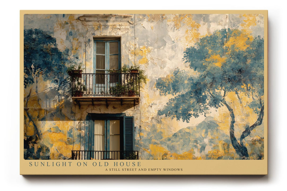 Paul Sinus Wandbild 120x80cm Mediterranes Haus mit Balkon Malerische Architektur Kunst in Blau Gold Wanddekoration