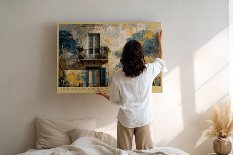Paul Sinus Wandbild 120x80cm Mediterranes Haus mit Balkon Malerische Architektur Kunst in Blau Gold Wanddekoration