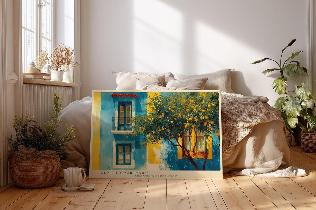 Paul Sinus Wandbild 120x80cm mediterranes Haus Zitronenbaum sonniger Innenhof moderne Landschaft Kunstbild Wanddekoration fuer Wohnzimmer Büro