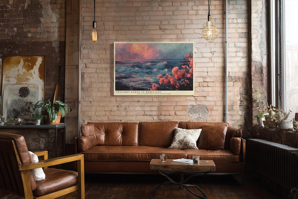 Paul Sinus Wandbild 120x80cm Meereskueste bei Sonnenuntergang mit rosa Blueten Atmosphaerische Naturkunst in Blau und Rosatoenen