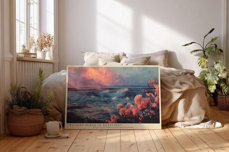Paul Sinus Wandbild 120x80cm Meereskueste bei Sonnenuntergang mit rosa Blueten Atmosphaerische Naturkunst in Blau und Rosatoenen