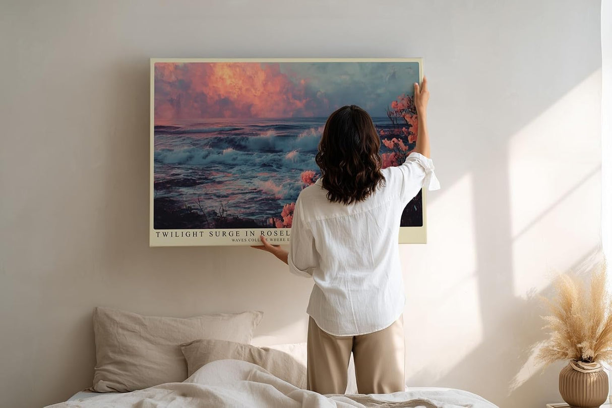 Paul Sinus Wandbild 120x80cm Meereskueste bei Sonnenuntergang mit rosa Blueten Atmosphaerische Naturkunst in Blau und Rosatoenen