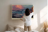 Paul Sinus Wandbild 120x80cm Meereskueste bei Sonnenuntergang mit rosa Blueten Atmosphaerische Naturkunst in Blau und Rosatoenen