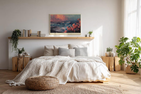 Paul Sinus Wandbild 120x80cm Meereskueste bei Sonnenuntergang mit rosa Blueten Atmosphaerische Naturkunst in Blau und Rosatoenen