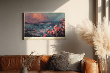 Paul Sinus Wandbild 120x80cm Meereskueste bei Sonnenuntergang mit rosa Blueten Atmosphaerische Naturkunst in Blau und Rosatoenen