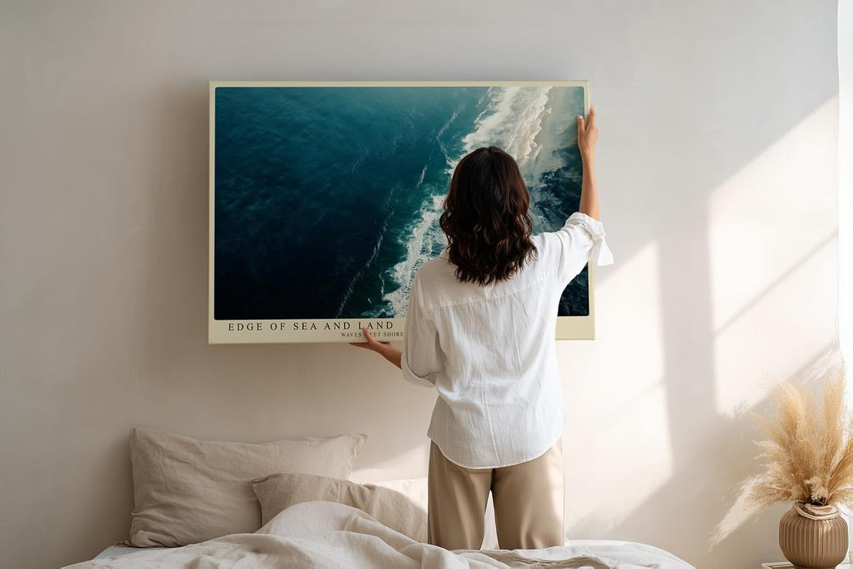 Paul Sinus Wandbild 120x80cm Meeresküste Luftaufnahme Natur Fotokunst in Blau und Weiß für Wohnzimmer Büro und Schlafzimmer