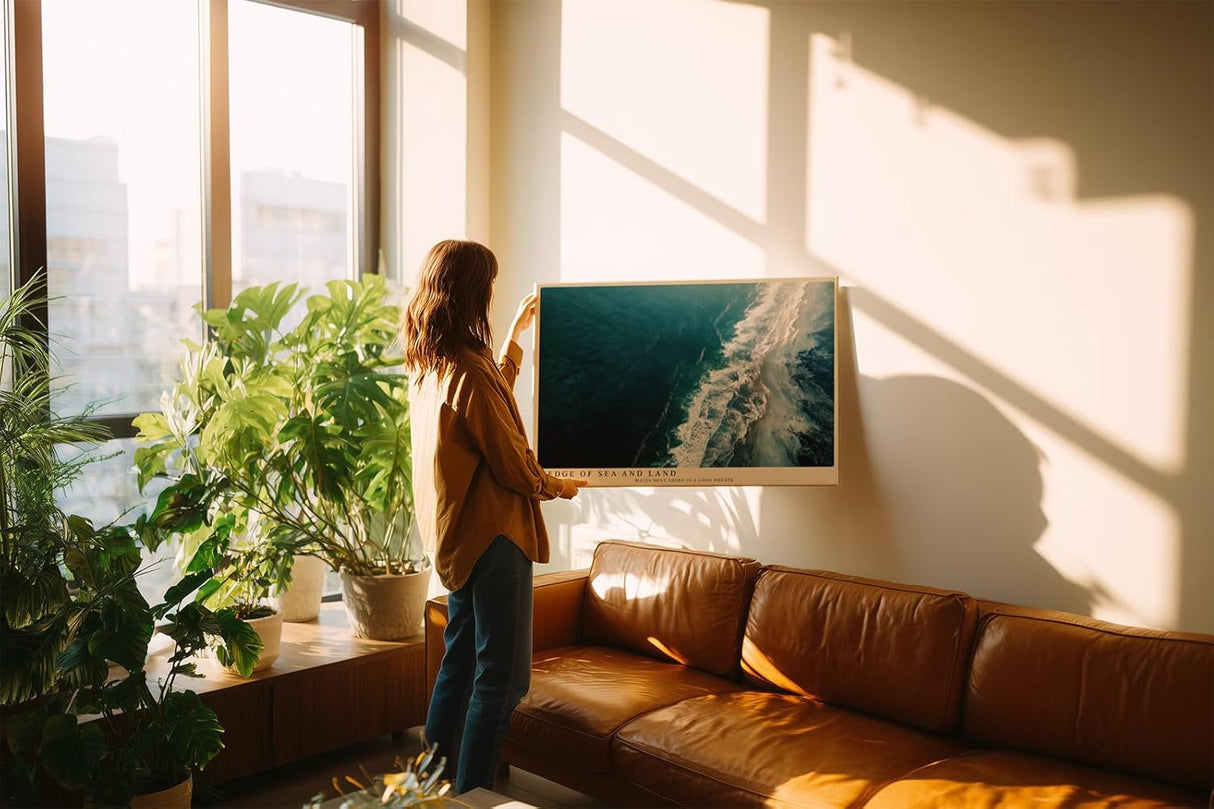 Paul Sinus Wandbild 120x80cm Meeresküste Luftaufnahme Natur Fotokunst in Blau und Weiß für Wohnzimmer Büro und Schlafzimmer
