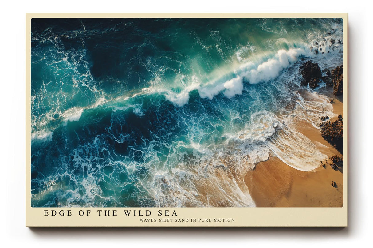 Paul Sinus Wandbild 120x80cm Meeresküste Luftaufnahme Wellen und Strand Natur Kunst in Blau und Sandfarben für Wohnzimmer Büro
