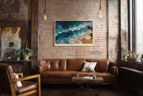 Paul Sinus Wandbild 120x80cm Meeresküste Luftaufnahme Wellen und Strand Natur Kunst in Blau und Sandfarben für Wohnzimmer Büro