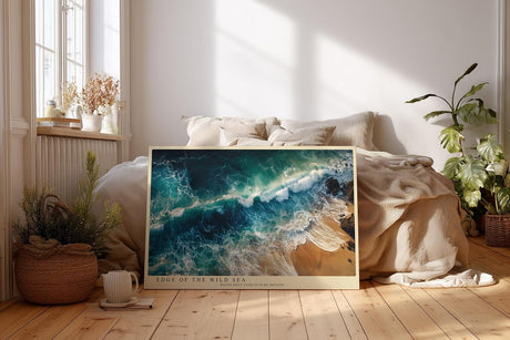Paul Sinus Wandbild 120x80cm Meeresküste Luftaufnahme Wellen und Strand Natur Kunst in Blau und Sandfarben für Wohnzimmer Büro