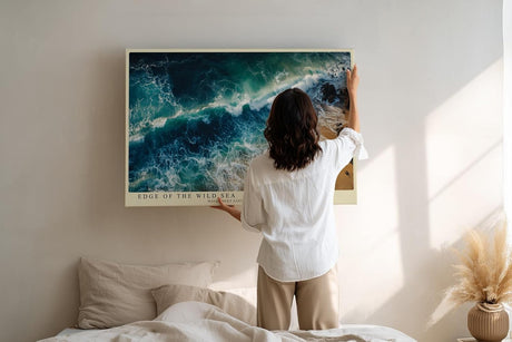 Paul Sinus Wandbild 120x80cm Meeresküste Luftaufnahme Wellen und Strand Natur Kunst in Blau und Sandfarben für Wohnzimmer Büro