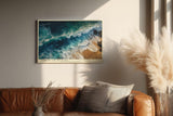 Paul Sinus Wandbild 120x80cm Meeresküste Luftaufnahme Wellen und Strand Natur Kunst in Blau und Sandfarben für Wohnzimmer Büro
