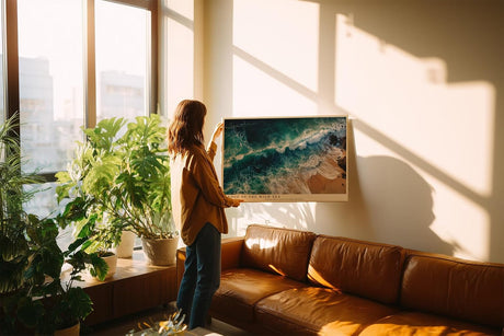 Paul Sinus Wandbild 120x80cm Meeresküste Luftaufnahme Wellen und Strand Natur Kunst in Blau und Sandfarben für Wohnzimmer Büro