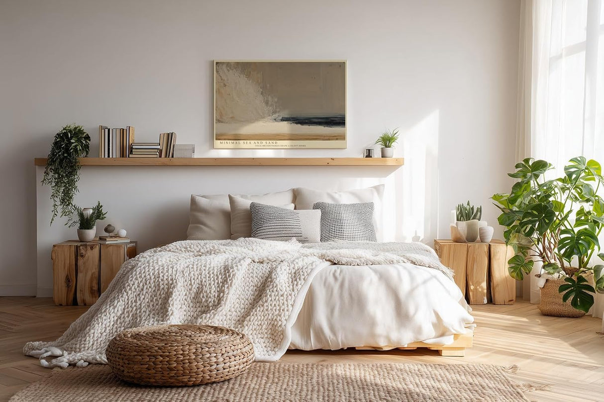 Paul Sinus Wandbild 120x80cm Minimal Sea and Sand Abstrakte Kueste Minimalistische Strand Kunst in Beige und Blau fuer Wohnzimmer Schlafzimmer und Büro