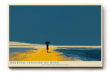 Paul Sinus Wandbild minimalistische Landschaft mit Person und Regenschirm moderne Illustration in blau orange ruhiges Kunstposter stilvolle Wanddekoration fuer Wohnzimmer Schlafzimmer Büro Flur