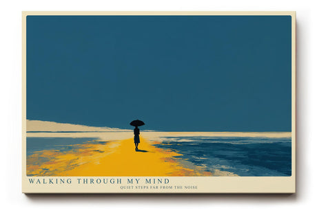 Paul Sinus Wandbild minimalistische Landschaft mit Person und Regenschirm moderne Illustration in blau orange ruhiges Kunstposter stilvolle Wanddekoration fuer Wohnzimmer Schlafzimmer Büro Flur