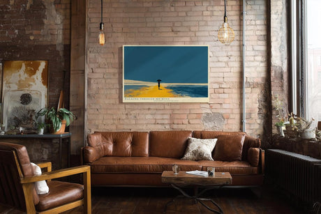 Paul Sinus Wandbild minimalistische Landschaft mit Person und Regenschirm moderne Illustration in blau orange ruhiges Kunstposter stilvolle Wanddekoration fuer Wohnzimmer Schlafzimmer Büro Flur
