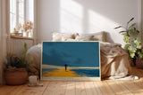 Paul Sinus Wandbild minimalistische Landschaft mit Person und Regenschirm moderne Illustration in blau orange ruhiges Kunstposter stilvolle Wanddekoration fuer Wohnzimmer Schlafzimmer Büro Flur