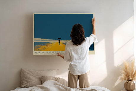 Paul Sinus Wandbild minimalistische Landschaft mit Person und Regenschirm moderne Illustration in blau orange ruhiges Kunstposter stilvolle Wanddekoration fuer Wohnzimmer Schlafzimmer Büro Flur