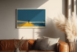 Paul Sinus Wandbild minimalistische Landschaft mit Person und Regenschirm moderne Illustration in blau orange ruhiges Kunstposter stilvolle Wanddekoration fuer Wohnzimmer Schlafzimmer Büro Flur