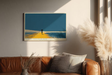 Paul Sinus Wandbild minimalistische Landschaft mit Person und Regenschirm moderne Illustration in blau orange ruhiges Kunstposter stilvolle Wanddekoration fuer Wohnzimmer Schlafzimmer Büro Flur
