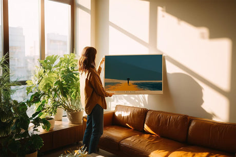 Paul Sinus Wandbild minimalistische Landschaft mit Person und Regenschirm moderne Illustration in blau orange ruhiges Kunstposter stilvolle Wanddekoration fuer Wohnzimmer Schlafzimmer Büro Flur