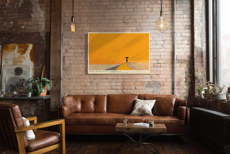 Paul Sinus Wandbild 120x80cm minimalistische Landschaft mit Person und Regenschirm moderne Illustration in warmem orange ruhiges Kunstposter fuer Wohnzimmer Schlafzimmer Büro Flur