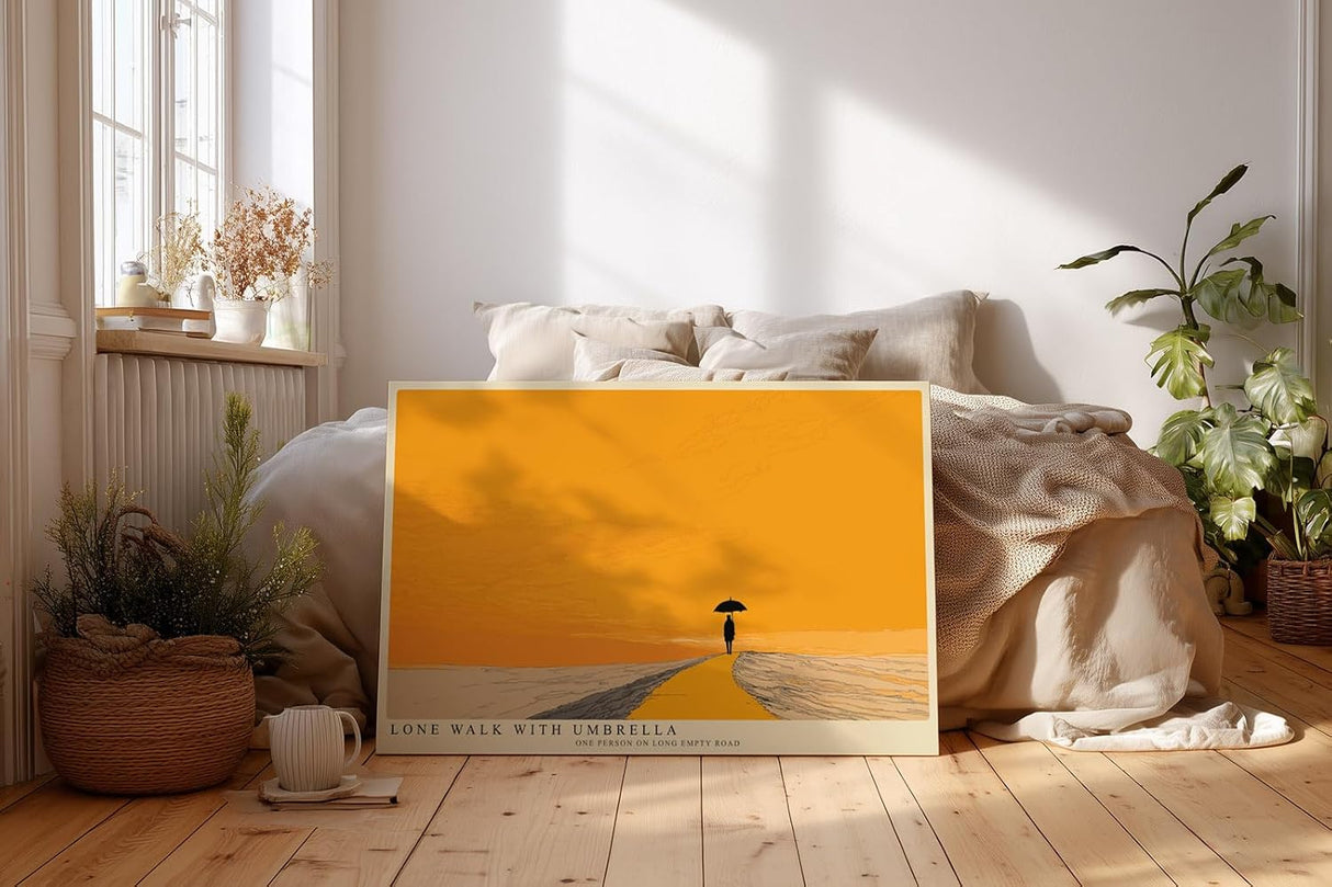 Paul Sinus Wandbild 120x80cm minimalistische Landschaft mit Person und Regenschirm moderne Illustration in warmem orange ruhiges Kunstposter fuer Wohnzimmer Schlafzimmer Büro Flur