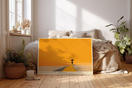 Paul Sinus Wandbild 120x80cm minimalistische Landschaft mit Person und Regenschirm moderne Illustration in warmem orange ruhiges Kunstposter fuer Wohnzimmer Schlafzimmer Büro Flur
