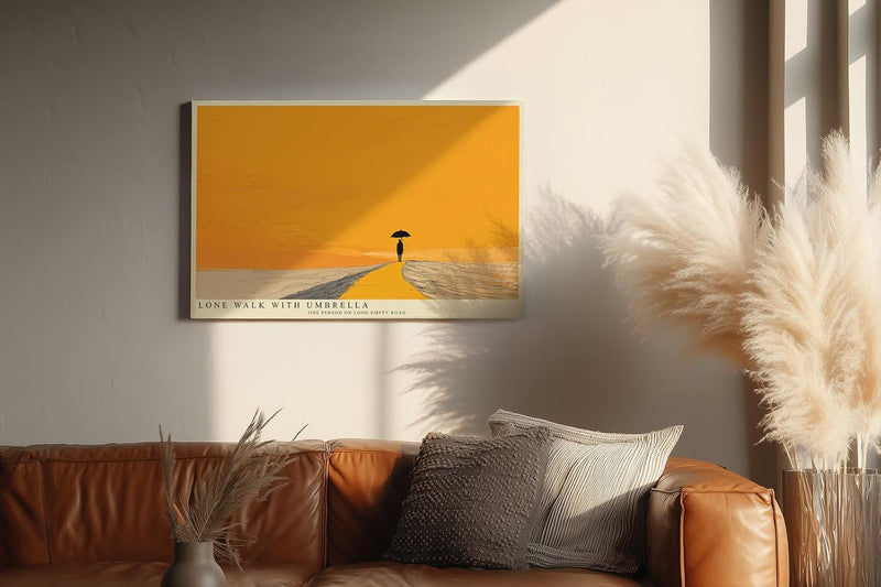 Paul Sinus Wandbild 120x80cm minimalistische Landschaft mit Person und Regenschirm moderne Illustration in warmem orange ruhiges Kunstposter fuer Wohnzimmer Schlafzimmer Büro Flur