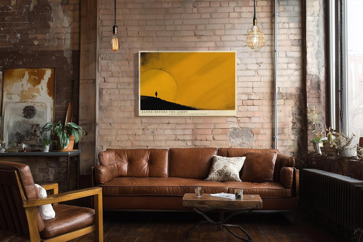 Paul Sinus Wandbild 120x80cm minimalistische Landschaft mit Person vor grosser Sonne modernes Kunstmotiv in warmem Gelb abstrakte Natur Szene stilvolle Wanddekoration fuer Wohnzimmer Büro