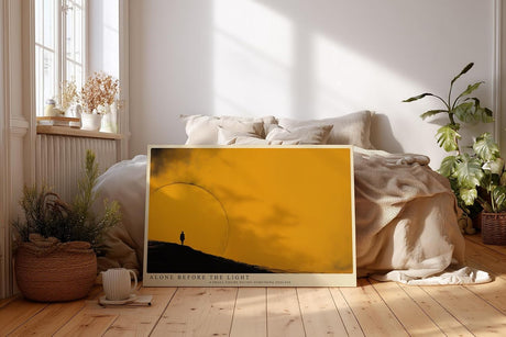 Paul Sinus Wandbild 120x80cm minimalistische Landschaft mit Person vor grosser Sonne modernes Kunstmotiv in warmem Gelb abstrakte Natur Szene stilvolle Wanddekoration fuer Wohnzimmer Büro